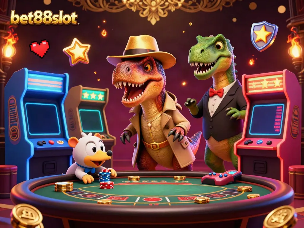 Engage with bet88slot at an animated blackjack table featuring a cartoon velociraptor and stegosaurus