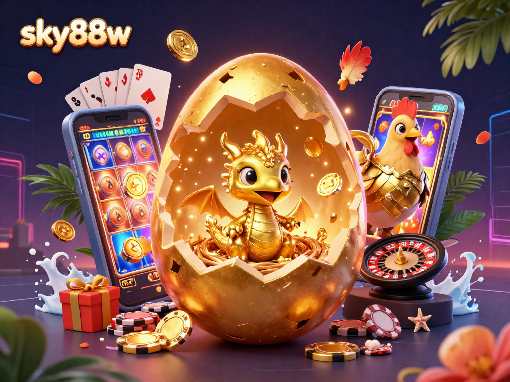 Win big with sky88w's golden gaming experience featuring a baby dragon and poker chips.