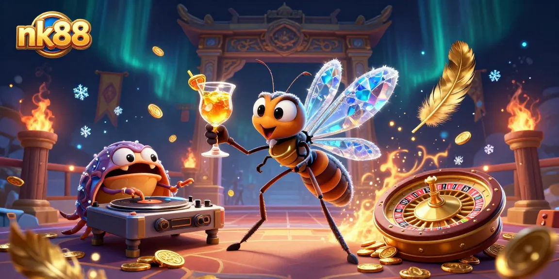 Engage in thrilling gameplay at nk88 with a lively illustration featuring an amber mosquito casino mascot and a trilobite DJ.