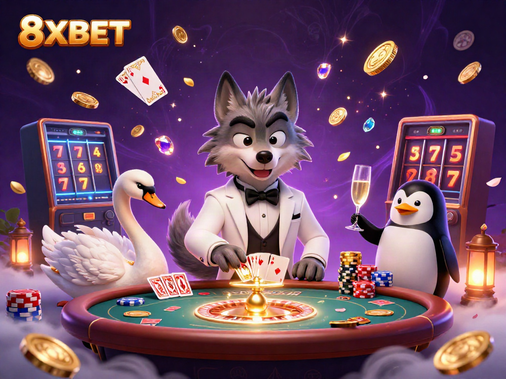 Experience the excitement of 8XBET with a stylish casino scene featuring a debonair wolf, elegant swan, and sophisticated penguin.