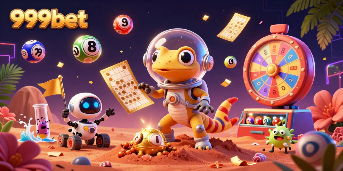 Blast off with 999bet's Martian gecko in a stunning casino adventure illustration.