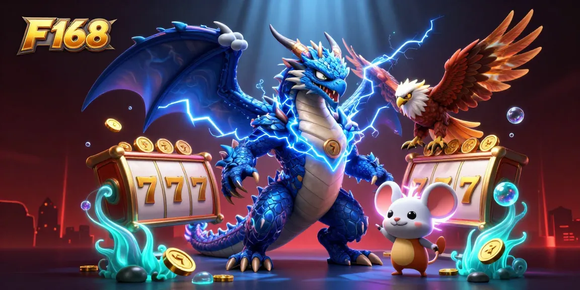 Engage with the thrilling world of F 168, where a dragon and hawk soar amidst vibrant slot reels and jackpot symbols.