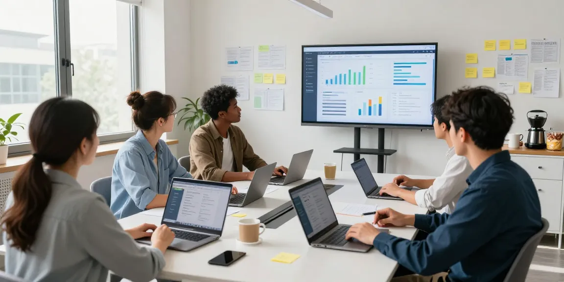 Diverse team collaborating in a modern workspace, utilizing AI productivity tools on laptops and tablets, showcasing innovation and teamwork.