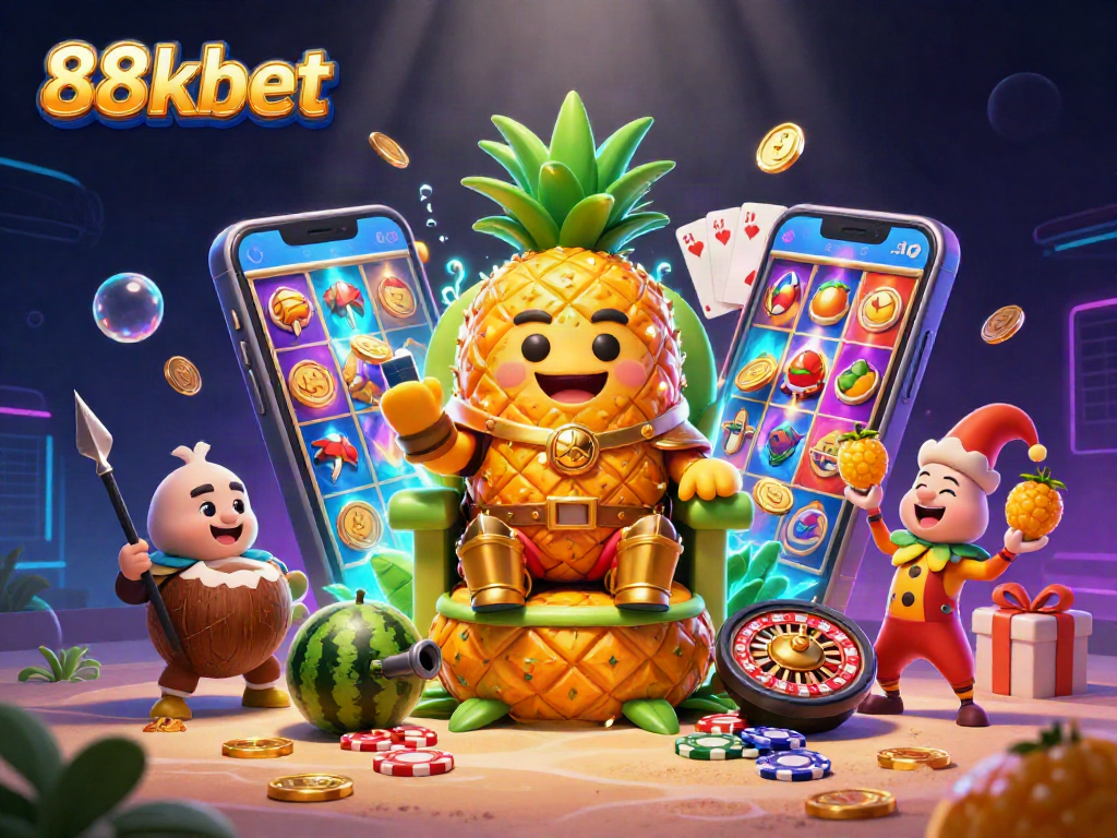 Engage with the vibrant 88kbet gaming scene featuring a royal pineapple king, dynamic gambling elements, and a lively casino atmosphere.