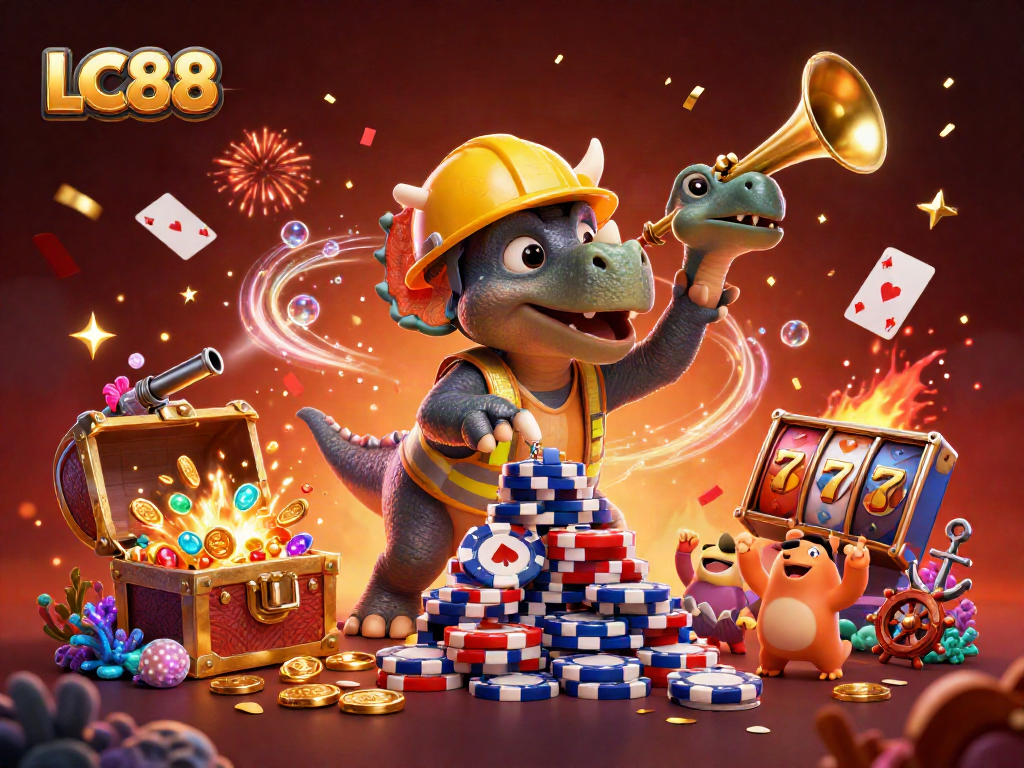 Engage with LC88: Triceratops building poker chips celebrates a vibrant casino scene.