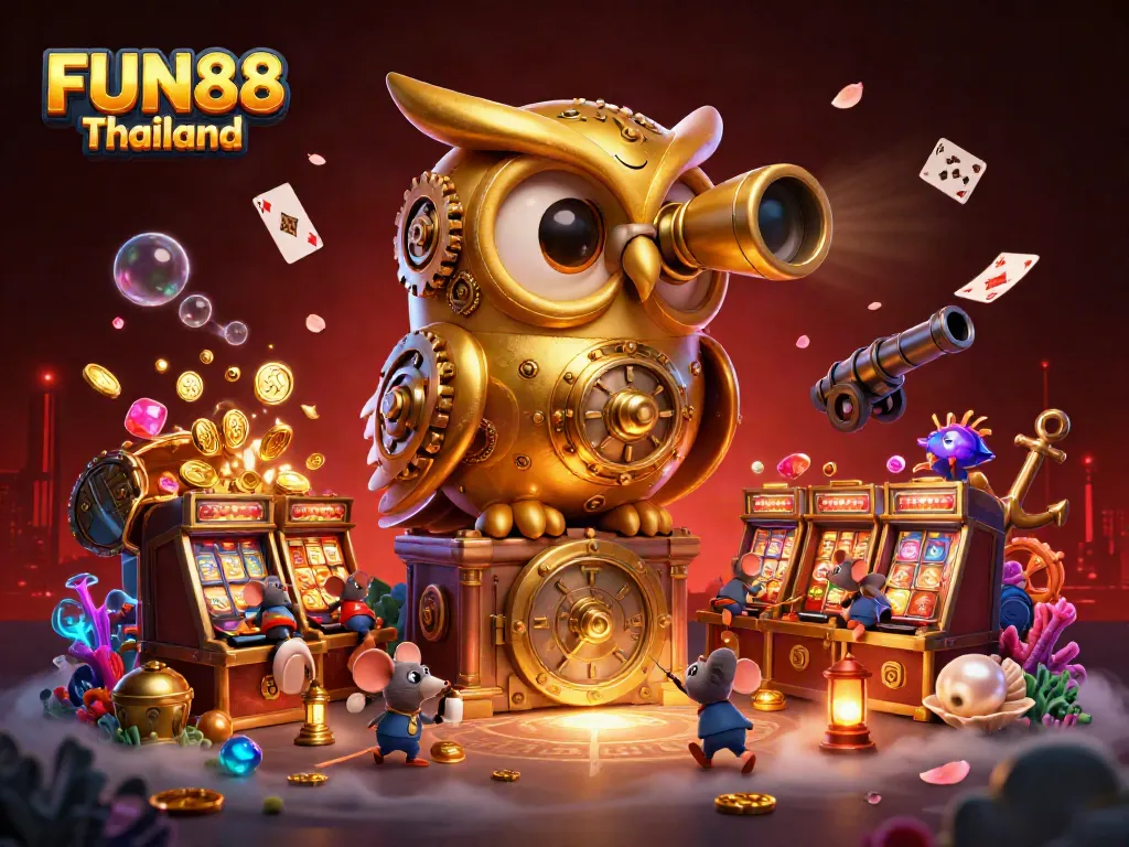 Experience FUN88 Thailand through an exciting casino scene with gold coins and games.