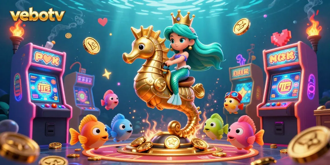 Experience the thrill of vebotv with a vibrant 3D illustration of a mermaid and seahorse amidst dazzling casino gaming elements.