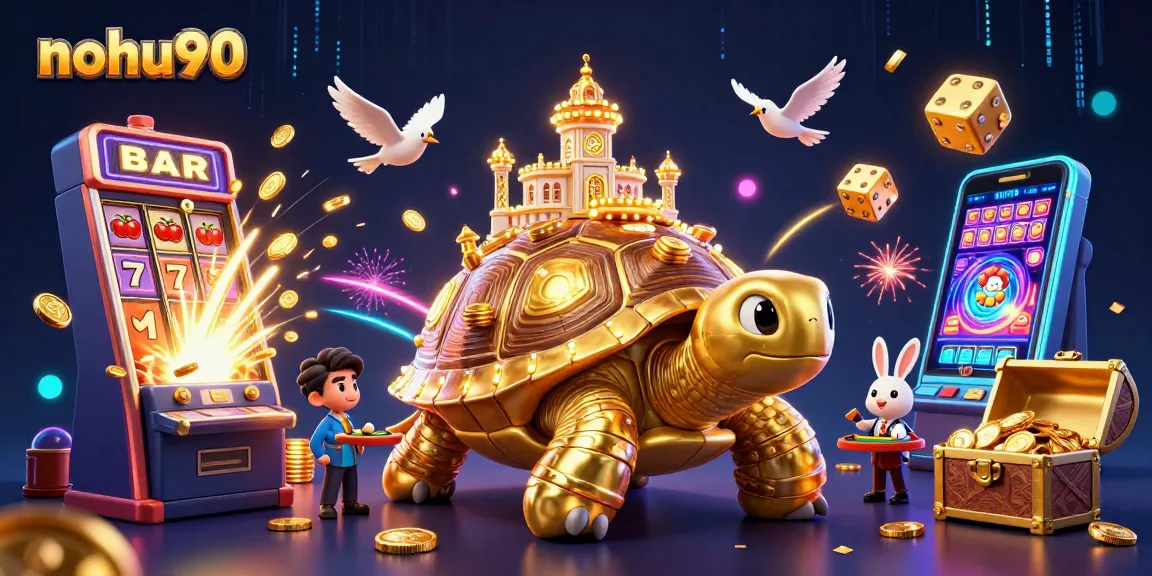 Experience big wins with nohu90's vibrant casino scene featuring a golden tortoise and lively game elements.