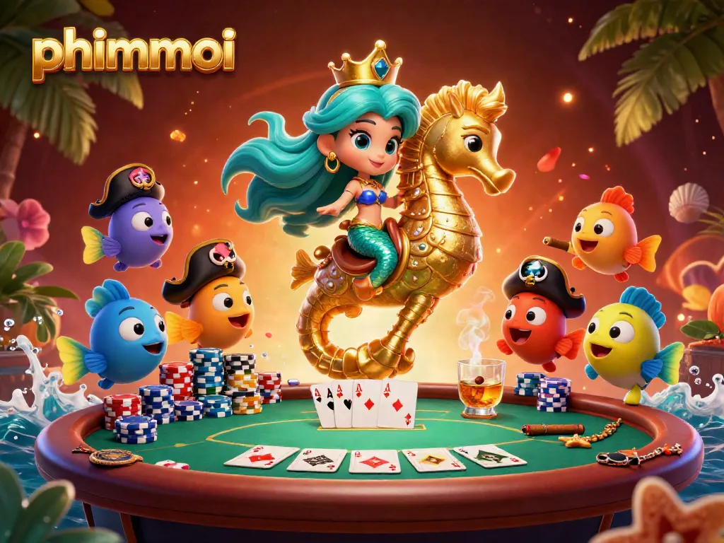 Engage in thrilling poker action with the phimmoi characters amidst vibrant casino elements.