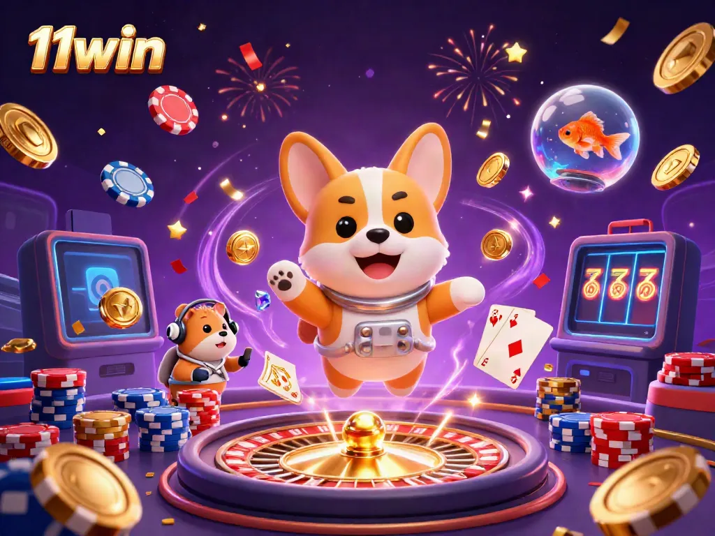 Experience exhilarating winnings at 11win with a vibrant casino scene filled with animated characters and games.