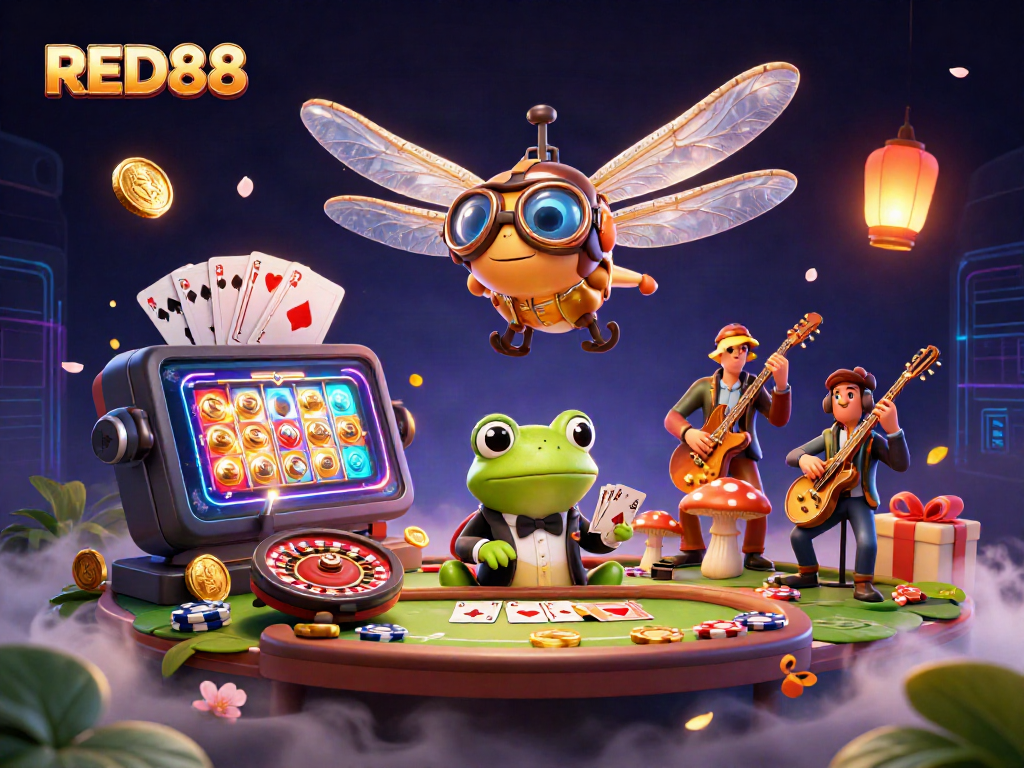Experience the excitement of RED88 with a lively casino scene featuring animated characters, vibrant games, and a captivating atmosphere.