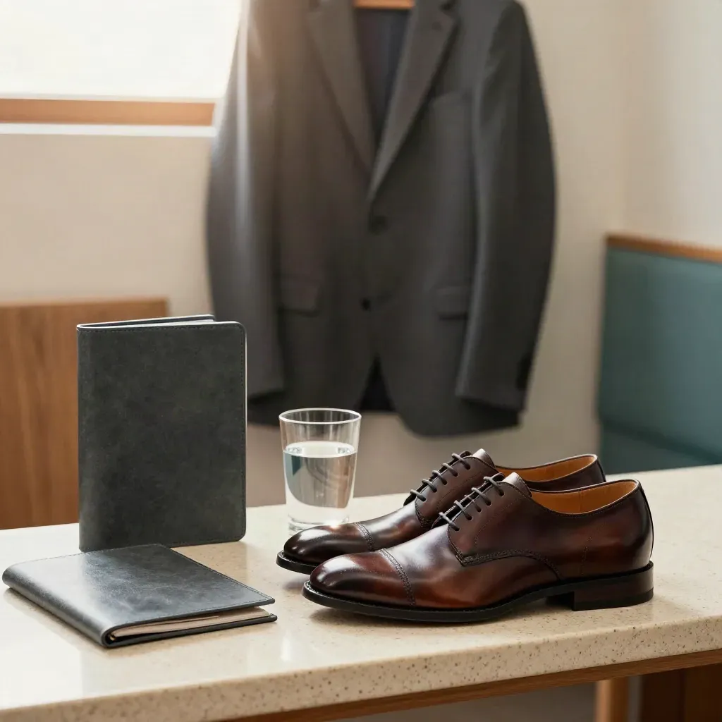 Gepoetste schoenen, blazer, map en waterglas klaar voor een sollicitatiegesprek.