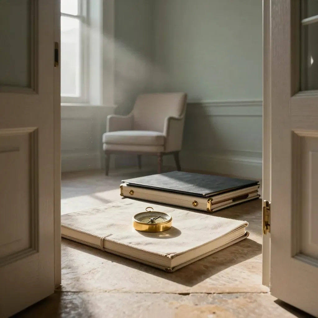 Luxe loopbaanatelier met linnen notitieboek, messing kompas, dossiermap en stoel in ochtendlicht.