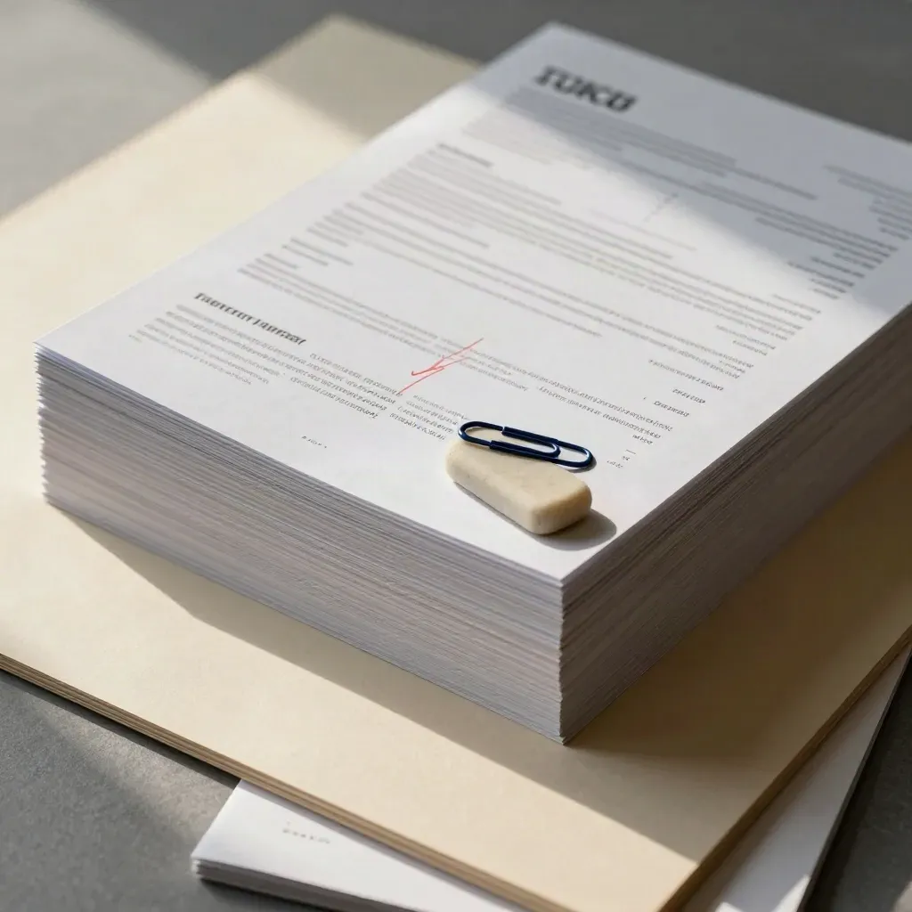 Bovenaanzicht van gecorrigeerde cv-papieren met rode markering, gum en twee navy paperclips.