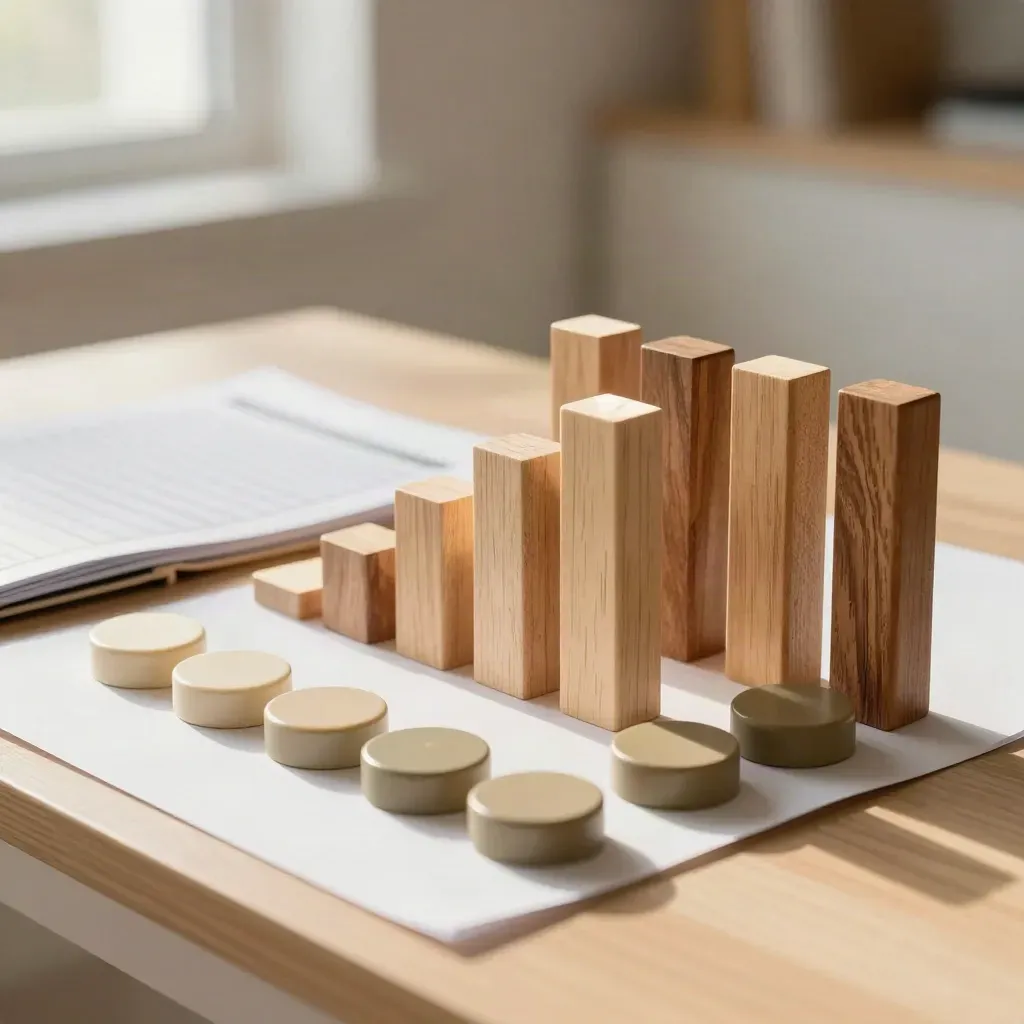 Houten testblokken, telstenen en map in warm daglicht op een lichte tafel.