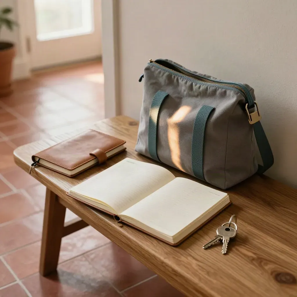 Weekplanner, notitieboekmap, sleutels en compacte tas klaar bij de entree.