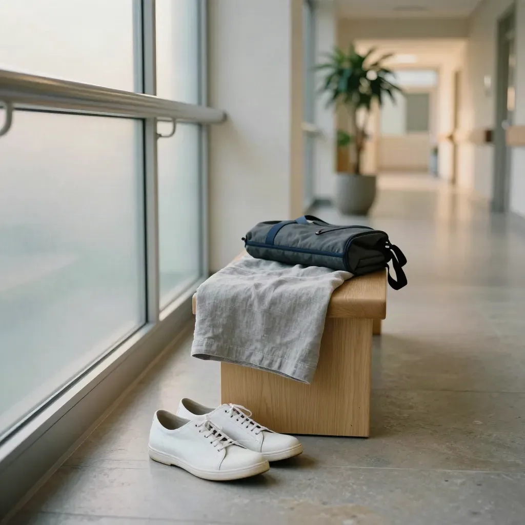 Rustige zorggang met werkschoenen, linnen tuniek, gesloten tas en hoge plant in zacht licht.
