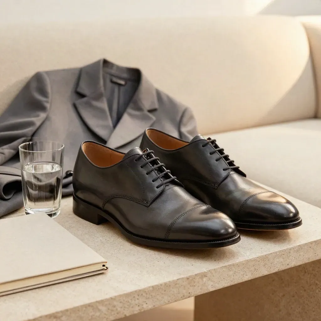 Zijden blazer, gepoetste schoenen, waterglas en gesloten notitieboek op een console.