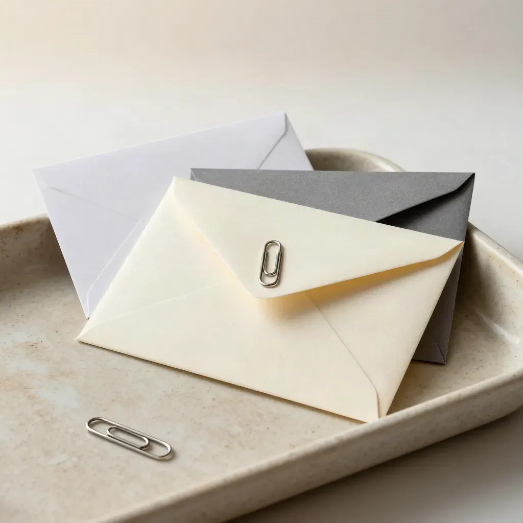 Bovenaanzicht van papierbundel, envelop en kaartjes in een lichte, ordelijke case-study-opstelling.