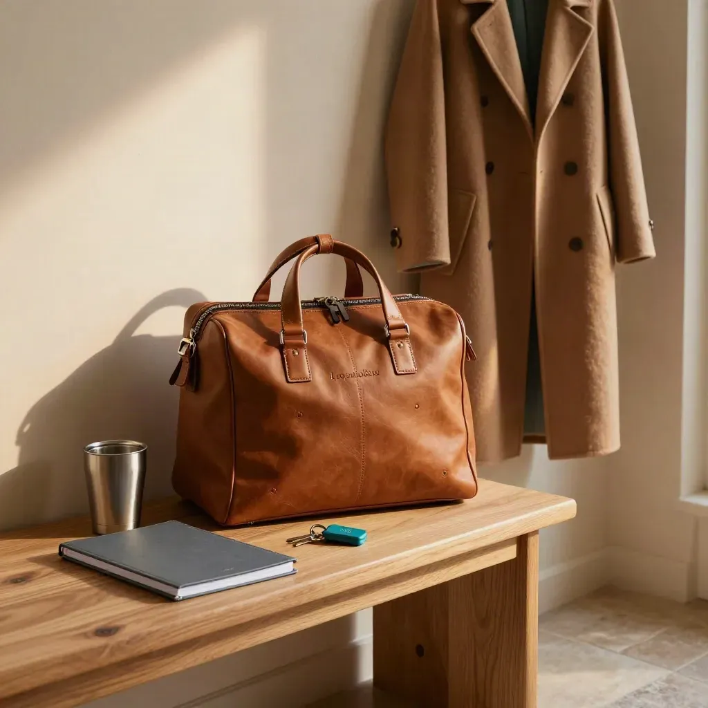 Ochtendroutine op een houten bankje met tas, jas, planner, reisbeker en sleutels bij raamlicht.