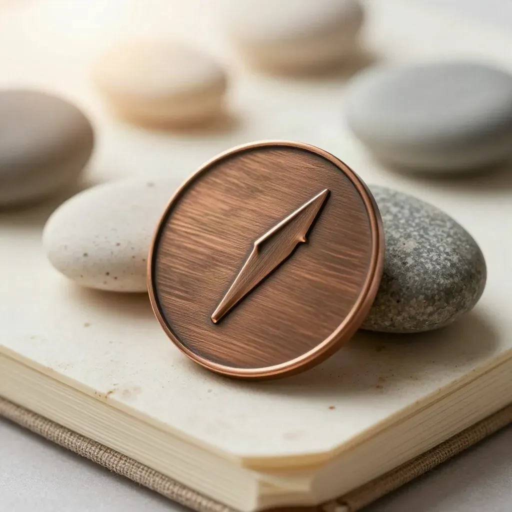 Bronzen richtingsobject, coachingstenen en linnen notitieboekrand op travertin.