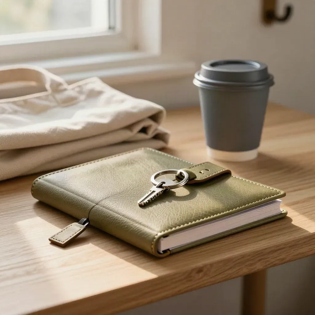 Planner, sleutelbos, totebag en koffiebeker in een zachte ochtendopstelling.