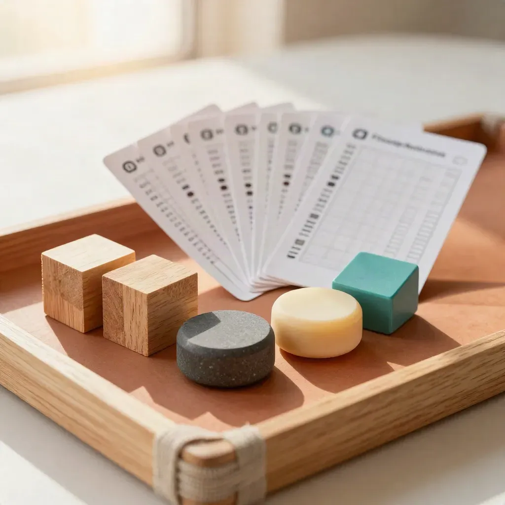 Houten testblokjes en scorestenen op een terracotta tray met zachte daglichtschaduwen.