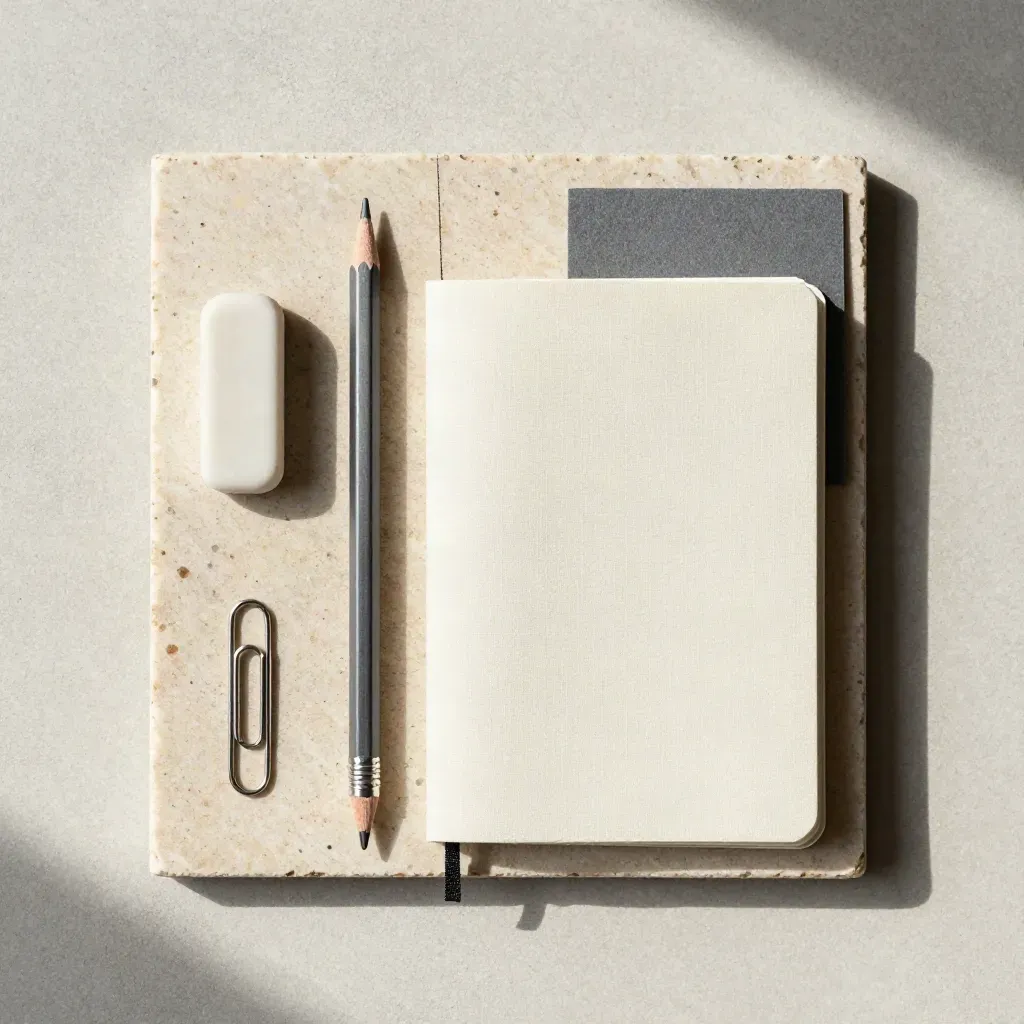 Potlood, gum, paperclip, notitieboek en metalen markeerstift op lichte steen.