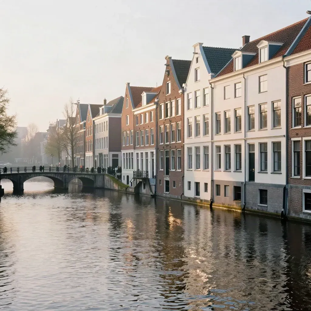 Amsterdamse grachtengordel in gouden avondlicht met mist boven stil water en hoge gevels.