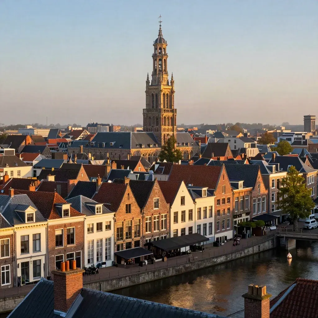De Domtoren boven Utrechtse daken en stille singel met zachte avondlucht