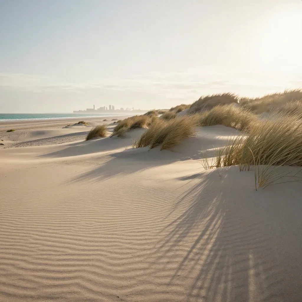 Duinen bij Scheveningen met zee en verre skyline in zachte avondmist
