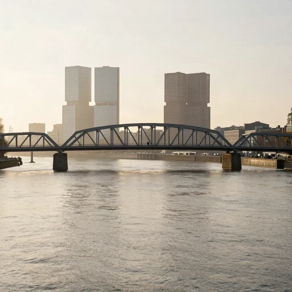Erasmusbrug boven de Maas in zachte ochtendmist met Rotterdam hoog in beeld en rustig water eronder.