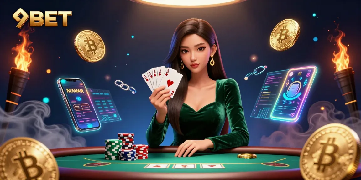 Gamble with 9BET in a vibrant poker scene showcasing strategy, rich textures, and dynamic crypto elements