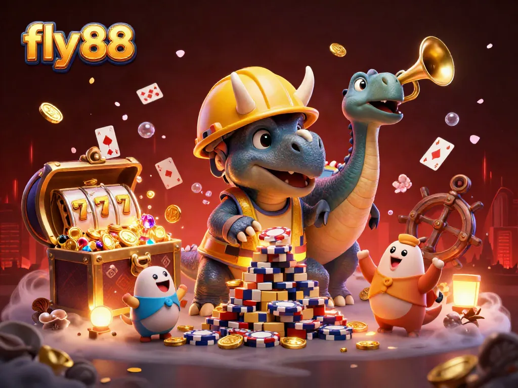 Fly 88 features a jubilant scene of casino-themed characters celebrating a jackpot with vibrant colors and elements.