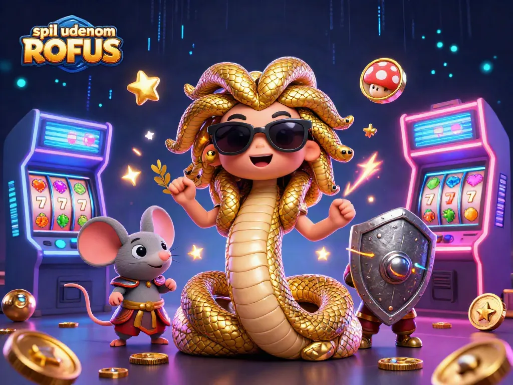 Play exciting games at spil uden om ROFUS with Medusa and a warrior mouse surrounded by vibrant casino elements.