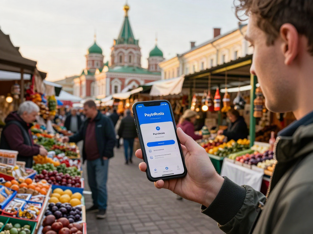 Betalingen met de PayInRussia-app op een levendige Russische markt waar de kleurrijke kraampjes en vriendelijke verkopers te zien zijn.