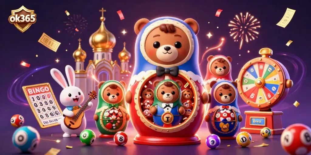 Players experience exciting game elements at ok365 featuring vibrant lottery balls and casino characters.