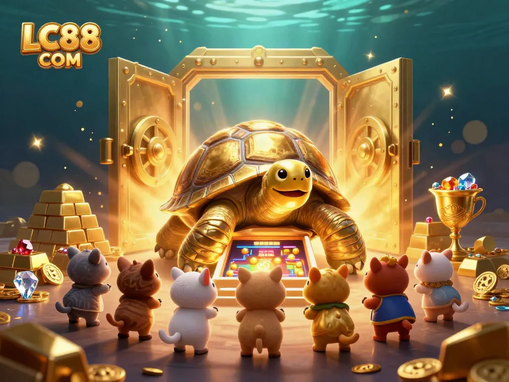 Experience thrilling gameplay at LC88 COM with fun cartoon characters and golden treasures in a dazzling casino scene.