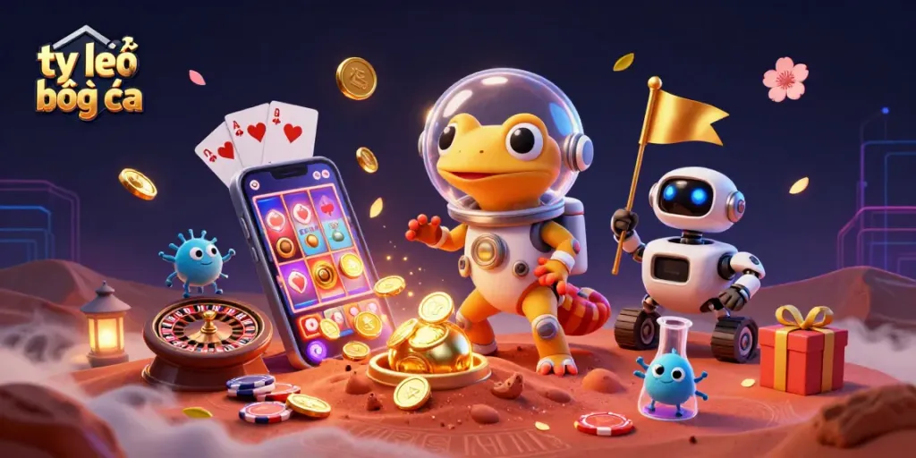Engage in tỷ lệ bóng đá with a lively scene of a Martian gecko and robot amidst casino elements.