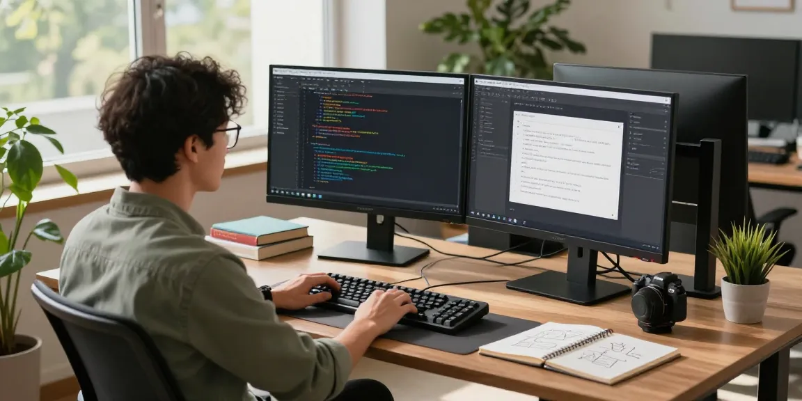 Build internal tools with AI in a dynamic software engineering workspace with dual monitors and a creative atmosphere.