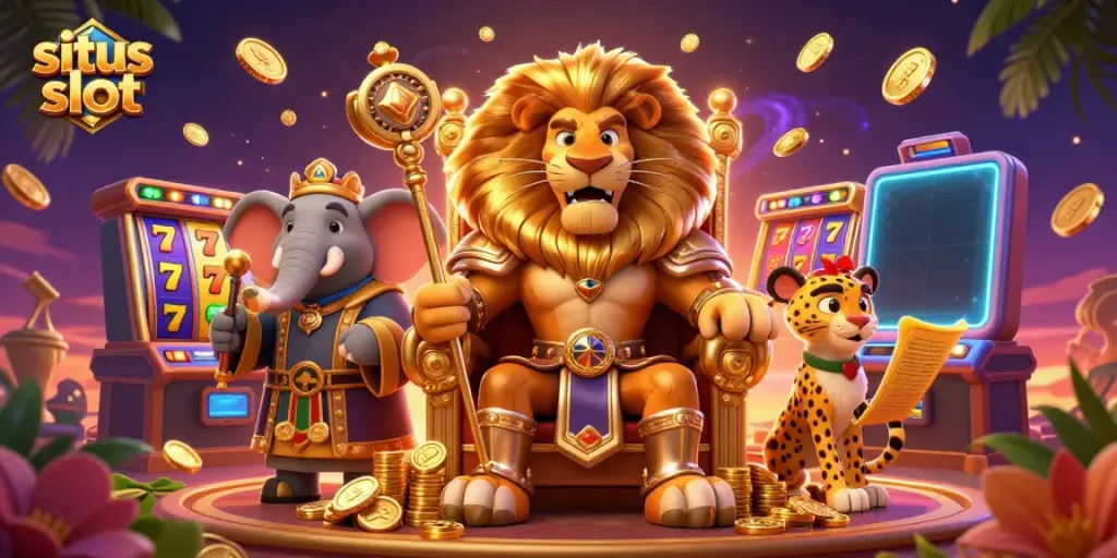 Experience thrilling jackpots with the fierce lion king at situs slot, amidst dynamic casino elements.