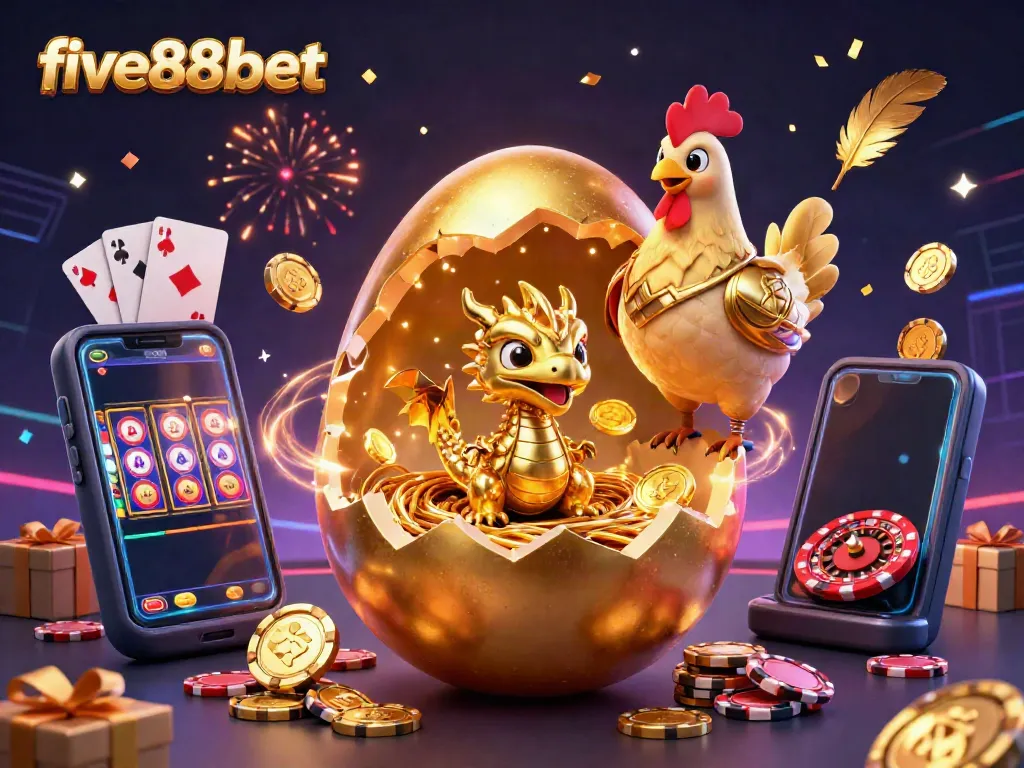 Win big with five88bet as a golden dragon emerges from a nest of poker chips in vibrant celebration.