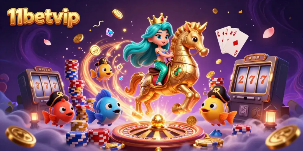 11betvip - Join the excitement in this colorful casino scene with a mermaid princess and a giant seahorse!