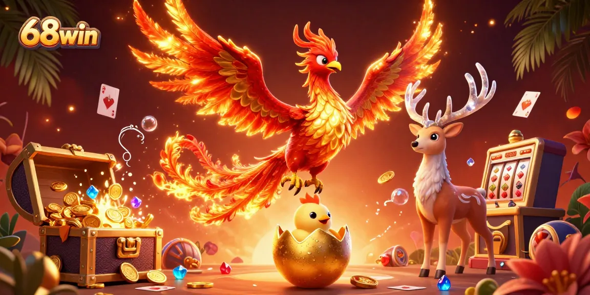 Engage with 68win's vibrant gaming universe showcased in this detailed 3D casino illustration featuring a fire phoenix and magical elements.
