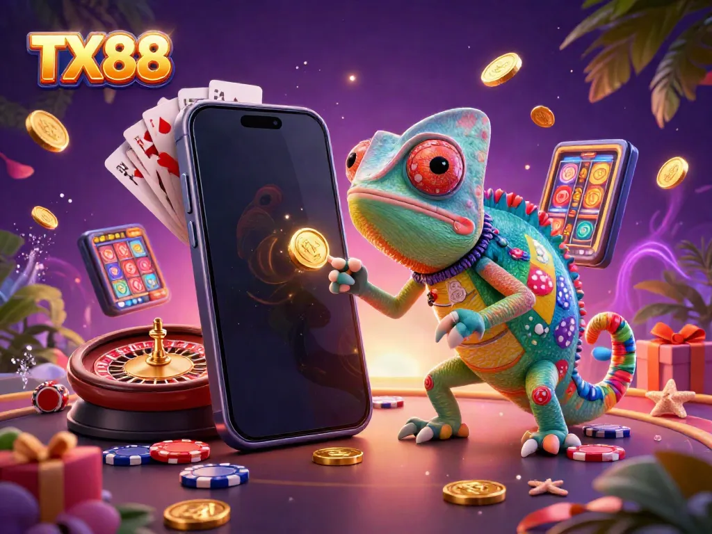 Experience the excitement of TX88 with a vibrant chameleon casino owner amidst dynamic games and golden coins.