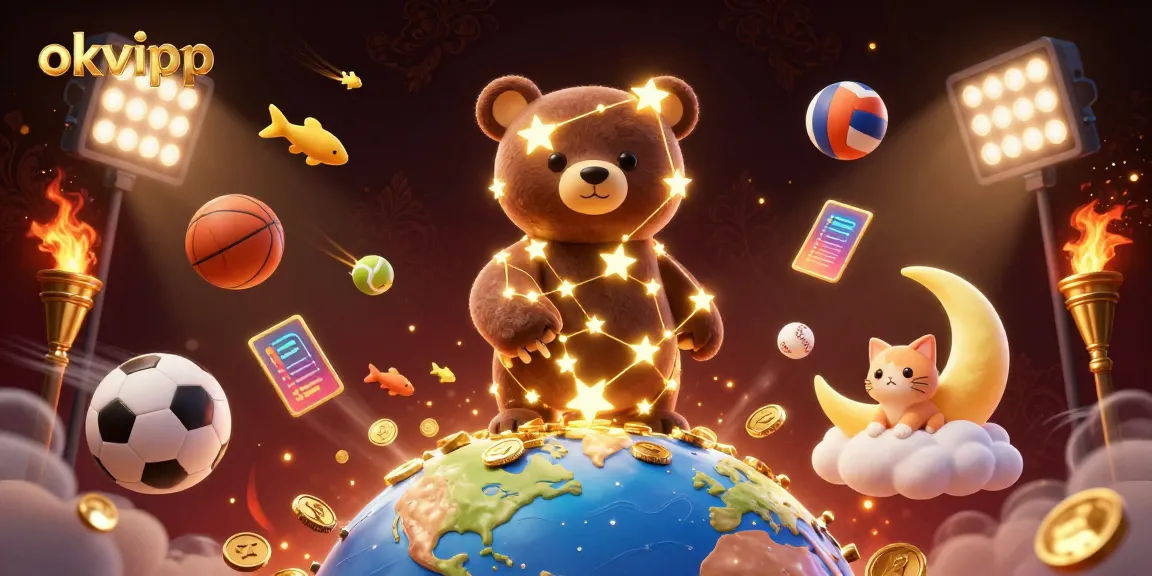Experience the excitement of okvipp as a constellation bear scoops coins amid flying sports balls.