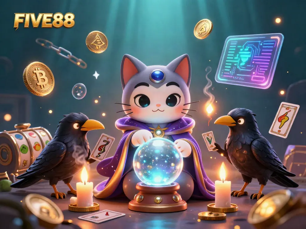 Engage with the exciting world of FIVE88 as a cartoon fortune teller cat guides you through thrilling slot games.