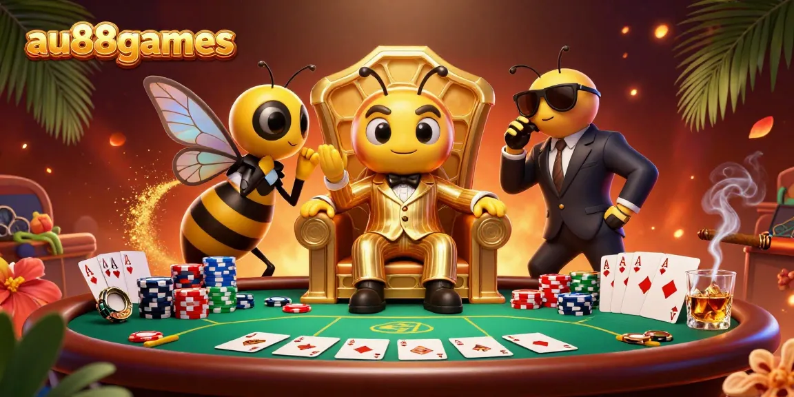 Experience thrilling gameplay at au88games with a dynamic illustration of a 3D bumblebee mob boss and poker elements.
