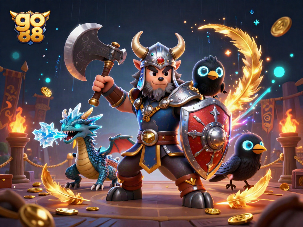 Trải nghiệm game go 88 với hình ảnh tươi sáng, bao gồm chiến binh sói, rồng và các biểu tượng casino như tiền xu.