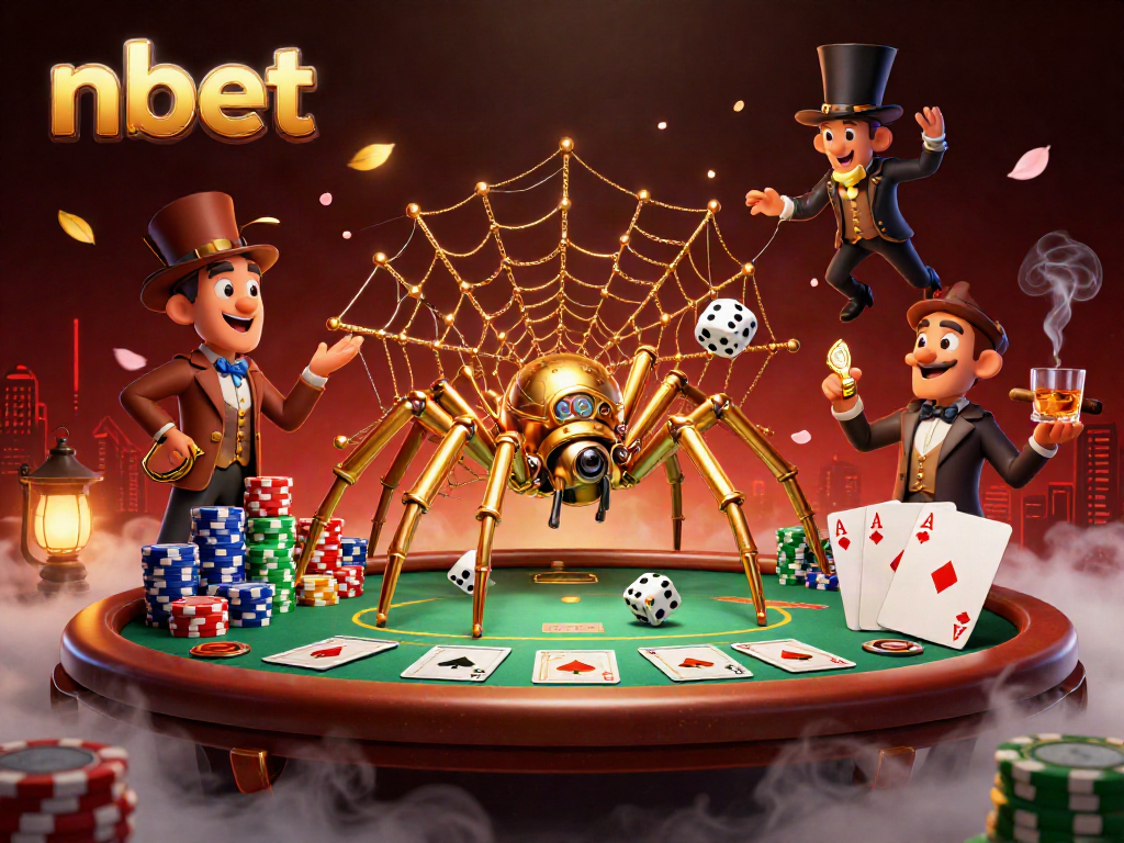 Experience the thrill of nbet gaming with a steampunk spider capturing dice in a magical casino setting.